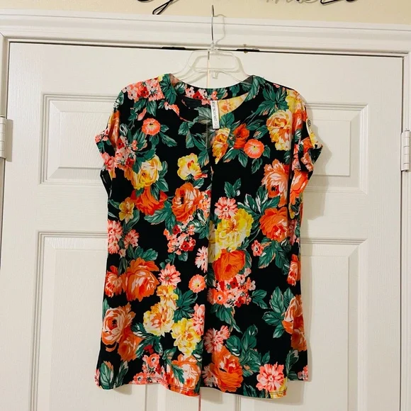 Floral Print Blouse - Black, Orange, Pink - Picture 1 of 4